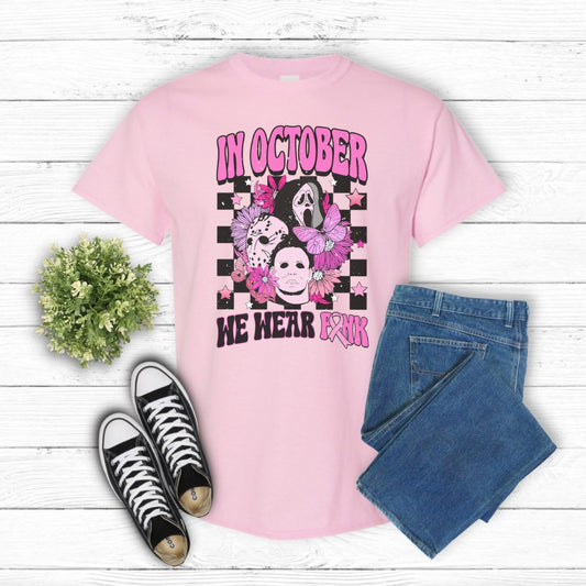 In October We Wear Pink featuring Scream, Michael Meyers, and Jason
